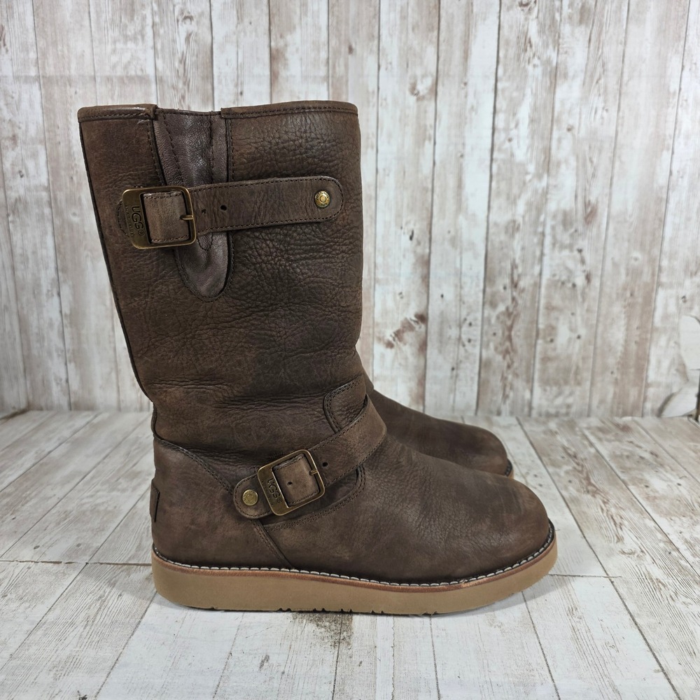 UGG Australia Simmens Dark Brown Leather Moto Buckle Boots 1004141 Womens 7
